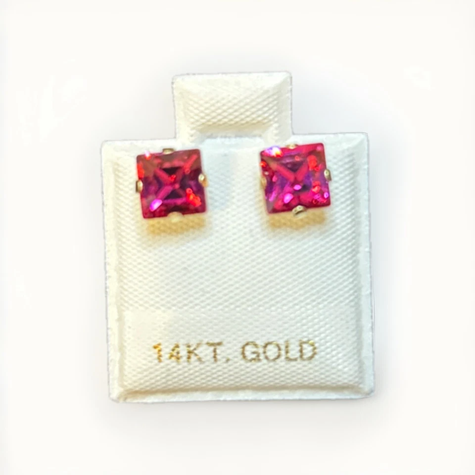 14 k Gold 6 mm Square Ruby earrings ￼ lab created - Image 2 of 4