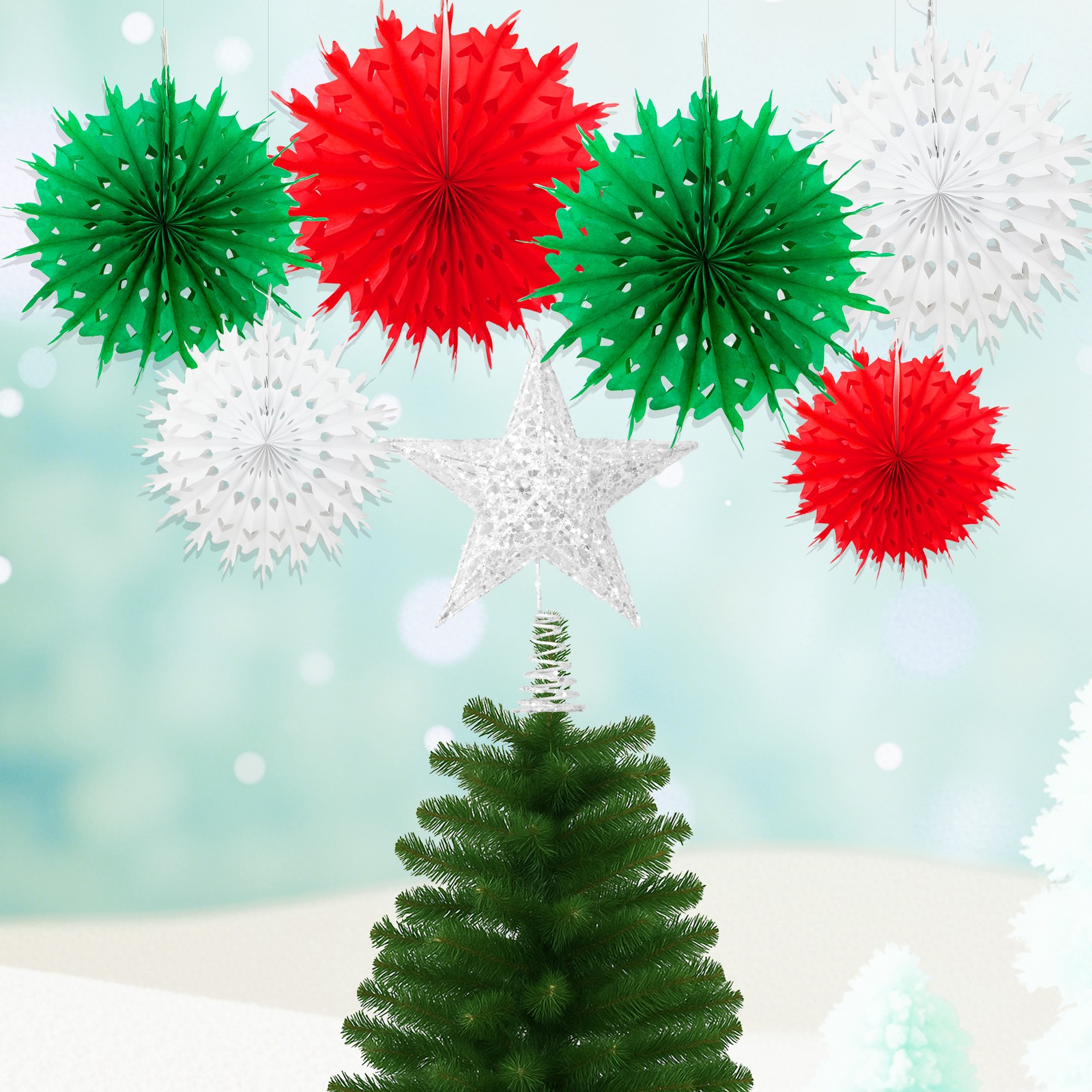 Time to Sparkle Glitter Sequins Tree Star White 6Mix Paper Fans Flower Christmas
