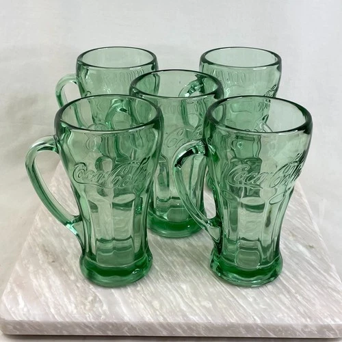 Vintage Libbey Coca-Cola Heavy Green Glass 14 oz Mugs w/Handle Set of 4