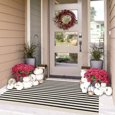 Black Beige Striped Rug - 3'x5' Outdoor Front Door Rug, Entry Porch Doormat