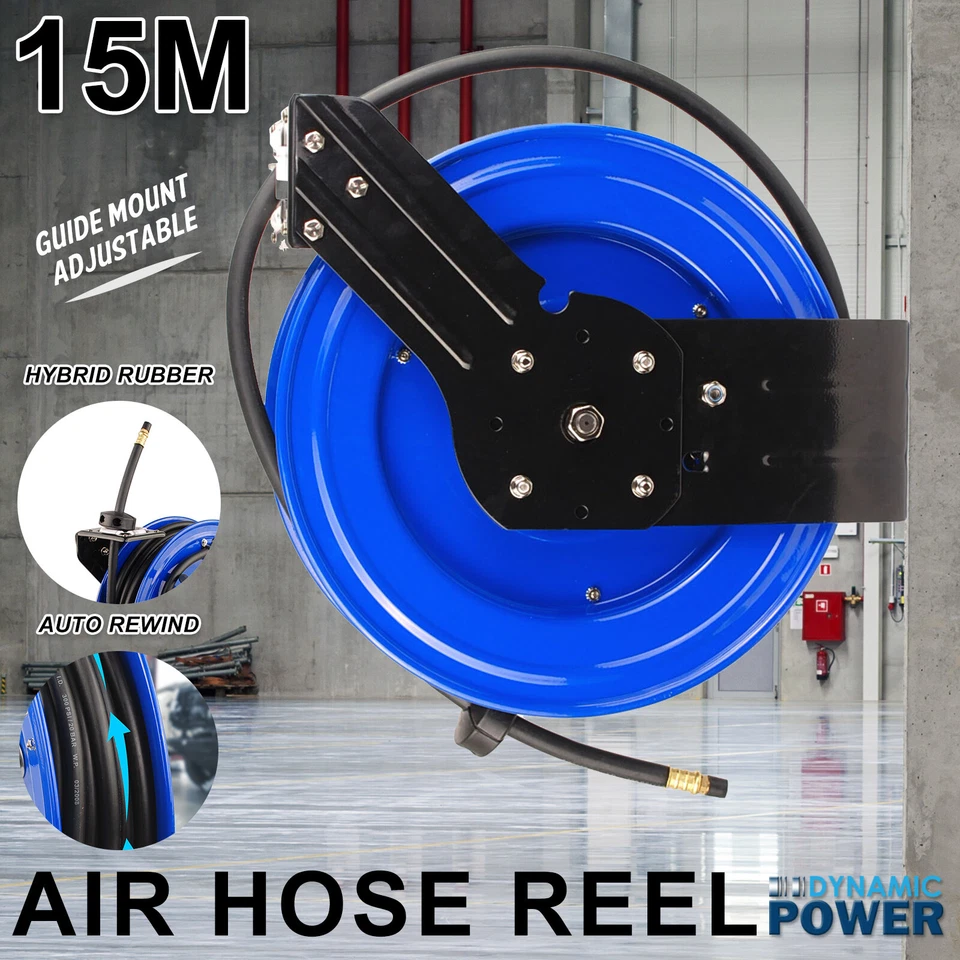 15m Retractable Auto Rewind Air Hose Reel Industrial Grade Tool Bracket Mount