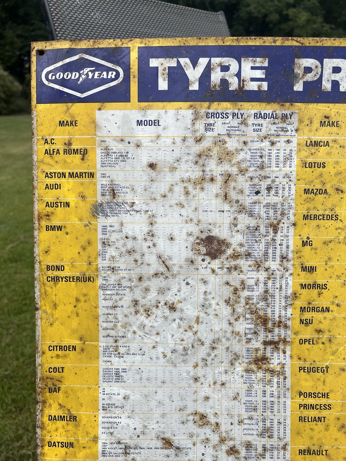 Original Goodyear Tyre Pressure Sign Vintage Rare Rusty - Bend In Sign 8