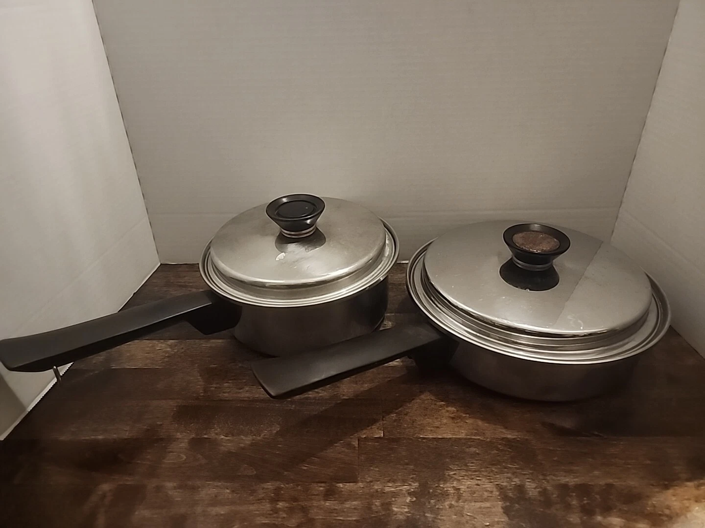 2 Vintage Duncan Hines 3 ply 18-8 Stainless Steel Quart Sauce Pan & Lid USA