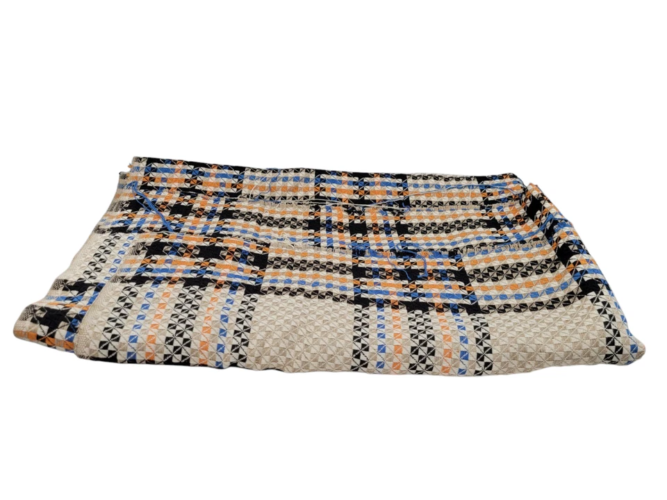 Vtg Jacquard Woven Fabric 45" X 10" Plaid Orange Black Blue White Tan Retro - Image 3 of 4