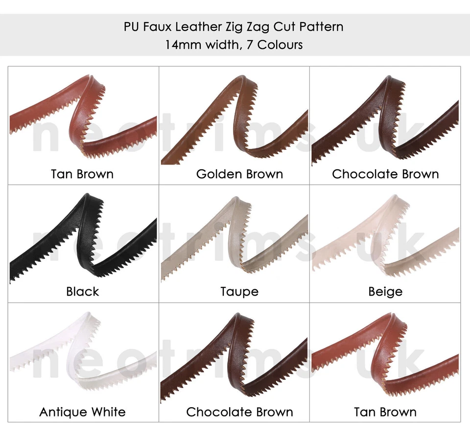 Cinta de ribete de tubería de cuero sintético PU borde patrón de corte en zig zag y recorte liso, 14 mm Foto 2 de 3