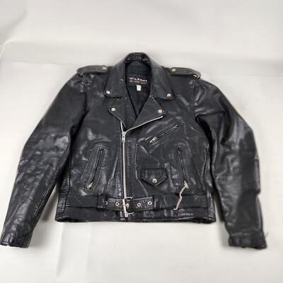 Vintage Wilsons Mens Leather Jacket Biker Black Leather Belted Large  Motorcycle