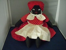 Folk Art Handmade Black Rag Doll in Red Polka Dot Dress with Apron & Neck Scarf
