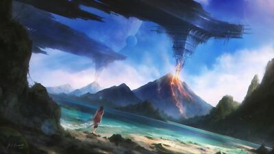 Landscape mountains sky planet eruption science fiction Custom Gaming Mat Desk