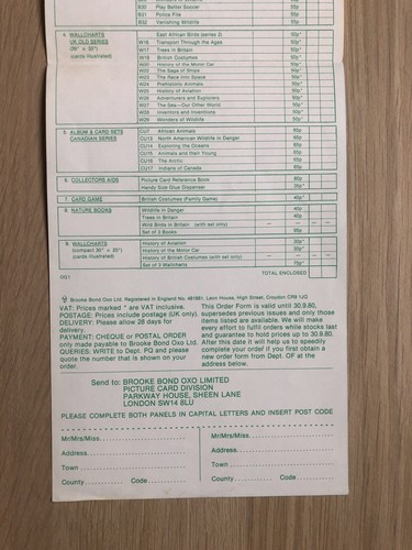 A Brooke Bond Tea Card Order Form No Staple Holes Vanishing Wildlife - Picture 3 of 4