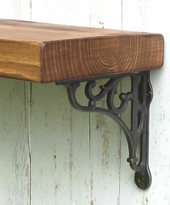 Rustic Solid Wood Mantel Floating Shelf With Cast Iron Wall//Shelf Brackets