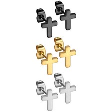 3 Pairs Men Women Stainless Steel Tiny Punk Cross Stud Earrings Piercing Jewelry