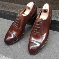 Handcrafted New Men's Dark Brown Leather Oxford Cap-Toe Brogue Lace Up Shoes Men