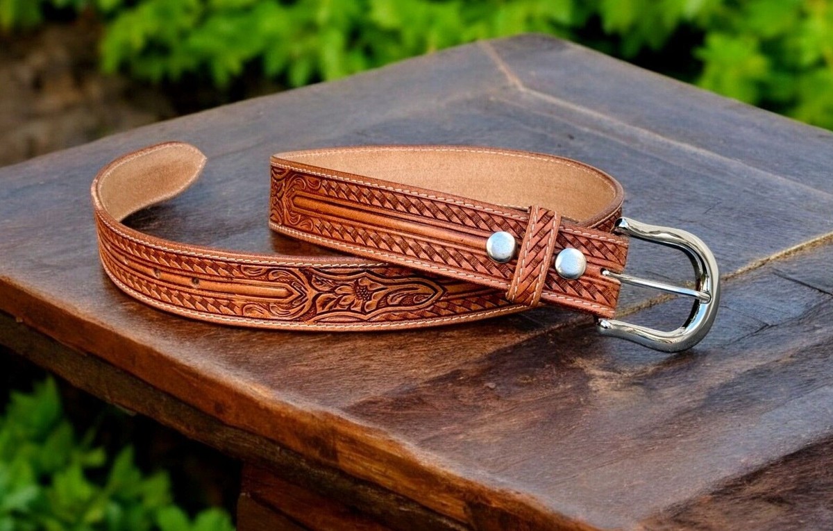 Vintage Metamorphosis Western Style Belt Handcrafted Genuine Leather Tooled Vintage Western Leather Belt Tooled Stitched Embossed Strap  main image 4