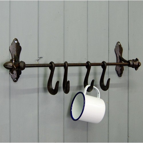 Vintage utensil -CAST IRON RUSTIC KITCHEN UTILITY RAIL RACK HOLDER WITH S HOOKS - Picture 2 of 2