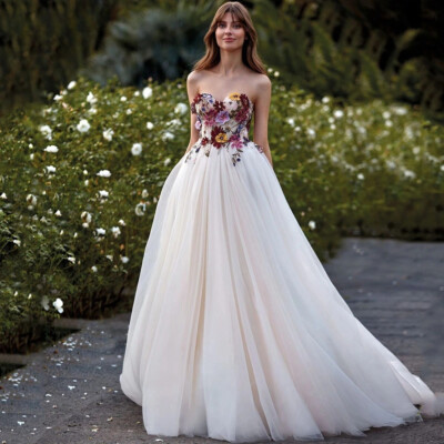 Boho 3D Floral Wedding Dress Strapless Backless Colorful Embroidered Bridal  Gown | eBay