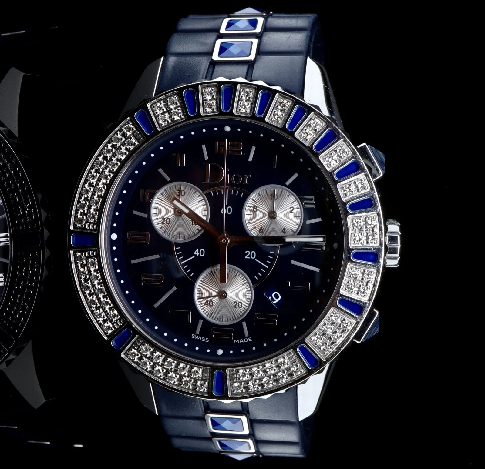 Auth. Christian Dior Christal Steel & Diamonds Chronograph Quartz Watch CD11431
