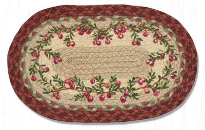 Cranberries 10''x15'' Oval Placemat Earth Rugs Braided Table Mat, Berry Vine