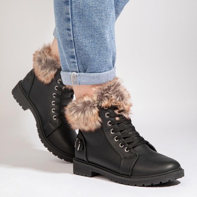 Lilley Womens Boot Black Lace Up Faux Fur Trim shoezone Size