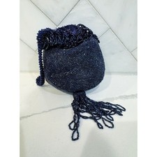 Vintage Blue Beaded Fringe Wristlet Purse with Tassel   1940s  1950s Evening Bag