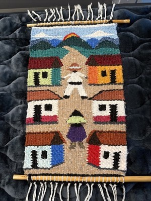 VINTAGE Peruvian Style Woven Wall Hanging Llama Village Folk Art 19.5 