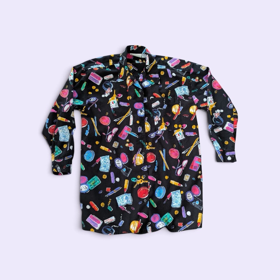 A genuine Bugle Boy novelty button-up from the 80s/90s — the kind of statement piece thrift-store hunters dream of stumbling across.