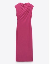 Zara Barbie Hot Pink Asymmetrical Draped Cross Neckline Midi Dress Stretchy S