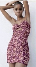 🌼B2G1🌼 Zara Purple Printed Ruched Draped Mini Dress Cut Out Size Small NWT