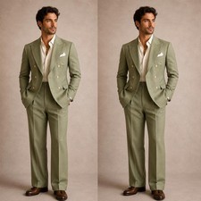 Green Men's Suits Peak Lapel Double Breasted Wedding Groom Casual Coat Pant 2pcs