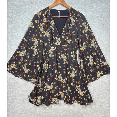Free People Lilou Dress XS Black Floral Flare Sleeves Mini V Neck Boho