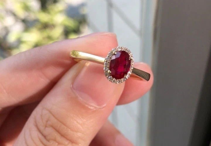 14K Solid Yellow Gold Bridal Ring, Red Ruby Oval Cut Diamond Ring in 2.25 Ct