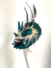 teal feather fascinator hat green headpiece halo crown Wedding Ascot Derby bride