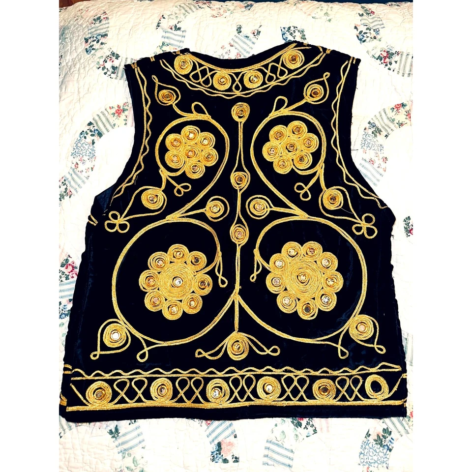 CHALECO AFGANO HIPPIE BORDADO DORADO TERCIOPELO NEGRO AÑOS 70 VINTAGE ABRIGO CINTURA Foto 2 de 4