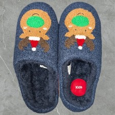 Family PJs Reindeer Holiday Slippers Kids 6-7 Blue Faux Fur Slip-on