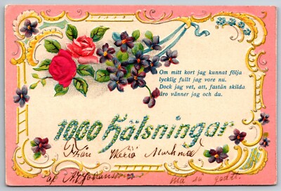 Greetings Friends Across the Distance 1906 Stockholm Sweden Embossed  Postcard