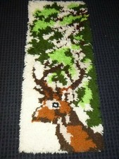 Vtg 70s Completed Latch Hook Rug Deer  Trees 14x32