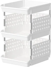Lifewit Plastic Stackable Storage Baskets, 3 Tier Stacking Bins 3 Tier, White 