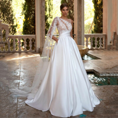 Elegant A-line Satin And Lace Bridal Gowns Brides Dresses Beach Wedding  Dresses