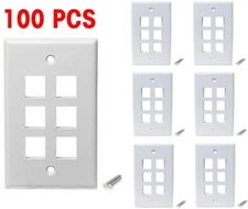 100 PCS Pack 6 Port Keystone Insert Jack CAT5 CAT6 RJ45 Coax Wall Plate WHITE