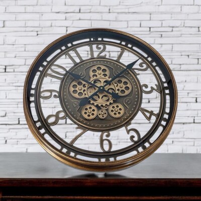 Premium Schwarz-Gold 55cm bewegliche Zahnräder römische Ziffern Wanduhr für Wohnzimmer