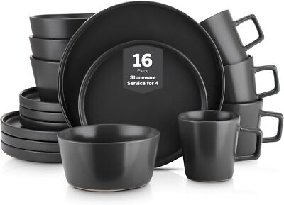 Stoneware 16 Piece Dinnerware Set, Plates and Bowls, Black Matte Dish