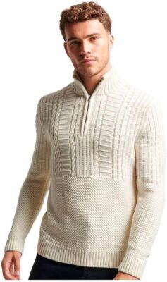 Superdry Vintage Jacob Henley Pullover Winter Weiß Zopfmuster Half Zip