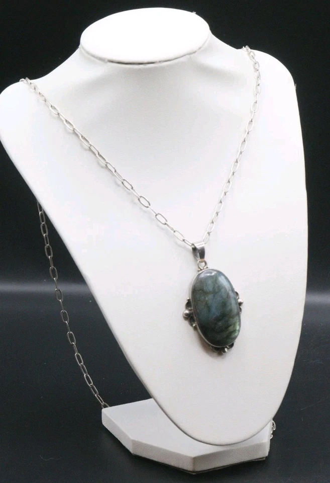 Collana Con Pendente In Argento .925 Pietra Dura, Vintage Anni 70/80 Originale - Immagine 3 di 4