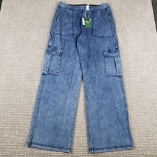 Halara Flex Denim Cargo Jeans Womens L Blue Wide Leg Pants Stretch NWT
