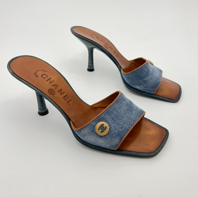 Chanel | Auth Vintage Blue Denim CC Button Brown Leather Sandal Mules Rare(35.5)