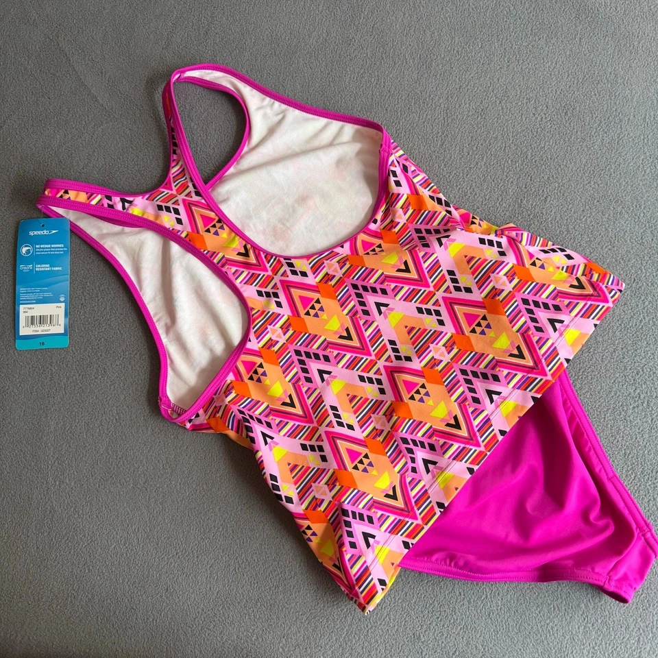 Speedo Racerback Tankini 2 Piece Swim Suit Girls 16 Pink Orange 7776804 - Image 2 of 4
