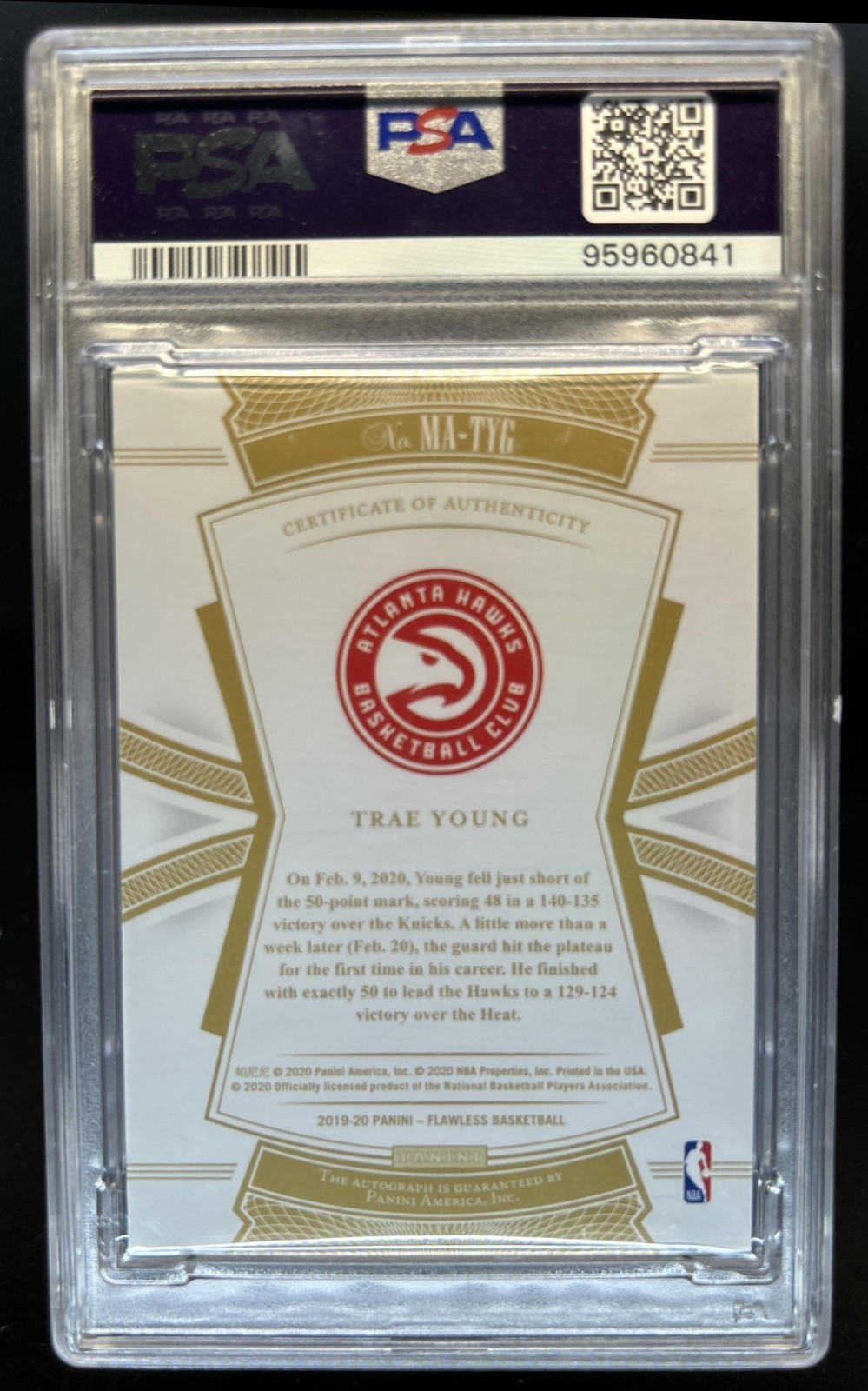 2019-20 Panini Flawless Trae Young Momentous Auto Amethyst #/3 Hawks PSA 9 10 view 2