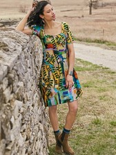 Peruvian Connection Lestaque Dress Colorful Abstract Hand Painted Stretchy Sz M 