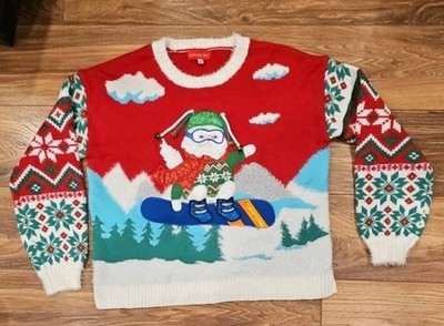 Blizzard Bay Snowboarding Cat Wearing Hat w/Bells  Ugly Christmas Sweater Medium