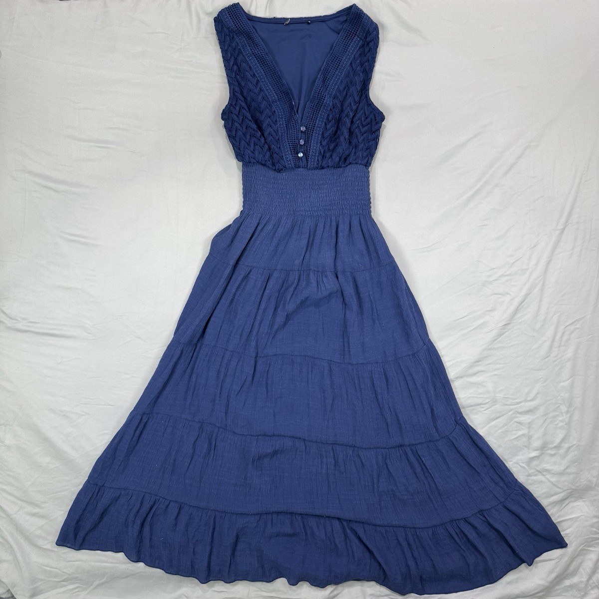 J Gee Dress Womens S Blue Sleeveless Tiered Smocked Waist Flowy Prairie  Milkmaid | eBay