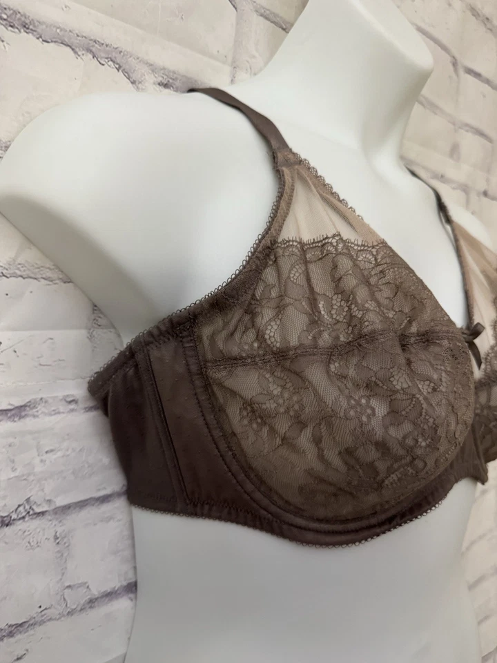 Wacoal Retro Chic Bra 42D Full Figure 855186 Sheer Underwire Taupe Brown Sexy - Image 2 of 4